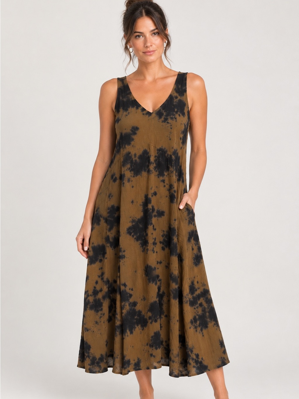 Pact Organic cotton Womens Large Brown and Black Tie-Dye Maxi Dress